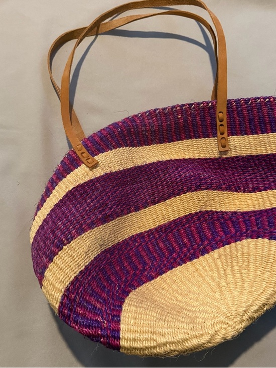Handbags - Woven Straw Tote Bag in Purple & Cream with Leather Straps Made in Kenya